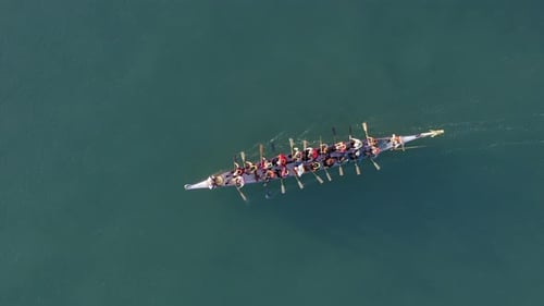 Dragon Boat team and onboard pace Drummer, Aerial view.