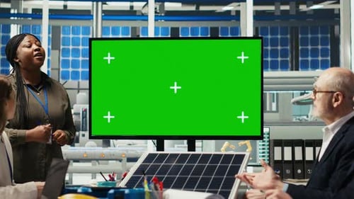 Management Executives Look at Factory Automation Strategies on Mockup Monitor