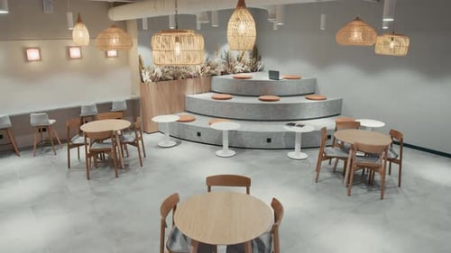 Interior of Cosy Coworking Space with Dining Zone and Benches