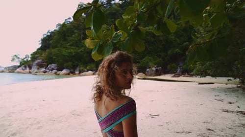 A young brunette woman is enjoying the view upon a tropical beach, the turquoise sea water and green