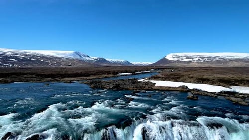 Drone Perspectives of Godafoss Waterfall in Northern Iceland Along the Ring Road
