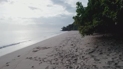 Vista tropical de la costa, vista panorámica con un Zumbido desde la playa hacia el tranquilo océano