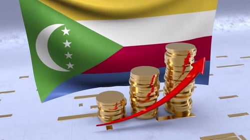 Comoros Flag With Gold Coins Tower And Up Arrow