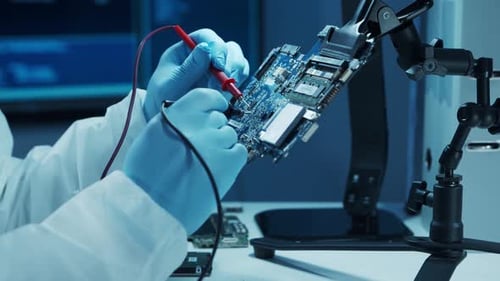 Microelectronics Engineer Works in a Modern Scientific Laboratory on Computing Systems and