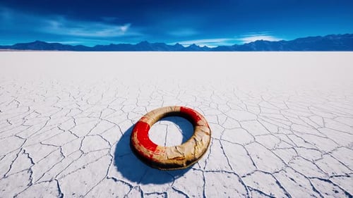 Worn Lifebuoy on Cracked Salt Flat Under Blue Sky