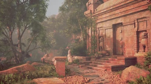 Les ruines d'un ancien temple enveloppées par la jungle à l'aube