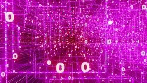 Cyberespace numérique violet avec rendu 3D des chiffres, un et des zéros scintillants. Connexion haut débit