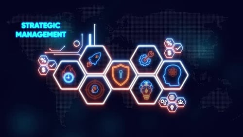 Strategisches Management: Hexagon-Symbole mit Weltkarten-Hintergrund, Strategieplanung