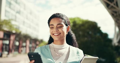 Outdoor, woman and happy as university student with smartphone for social media and networking