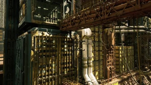 Visualisation architecturale avec des structures industrielles en couches