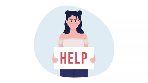 Animated Woman Holds Help Sign in Flat Design Style