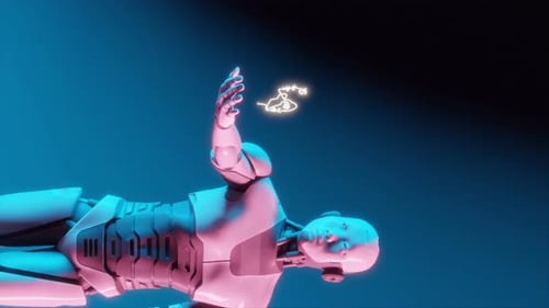 Futuristic Harmony: Robot with Neon Face Profile vertical