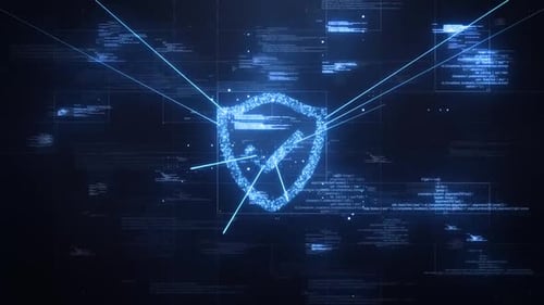 Produktionssicherheitslogo und Symbol auf dynamischem technologischem Hintergrund