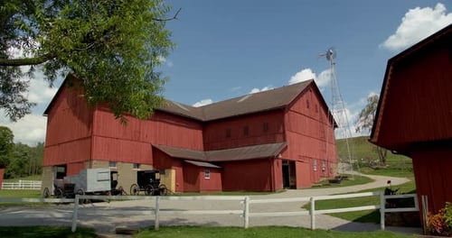 Amish Farm, Red Wooden Barn Aerial