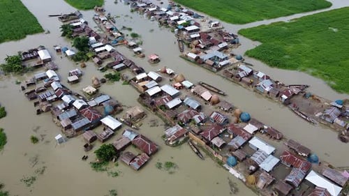Aerial view of flooded village, Bangladesh.