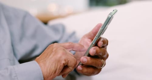 Hands, old man or cellphone with typing, social media or connection with internet