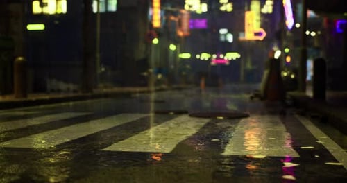 Nighttime Urban Street Reflects Neon Lights and Rain in a Busy City