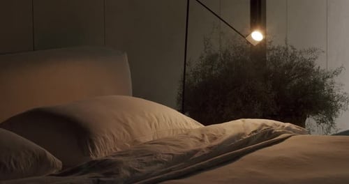 Cozy Bedroom Interior with Modern Lighting and Plant