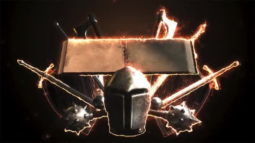 Epic Fiery Medieval Combat Weapons and Knight Helmet Logo Reveal