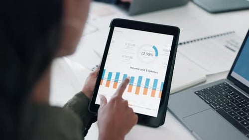 Hands, tablet and chart in office, financial review or report with click
