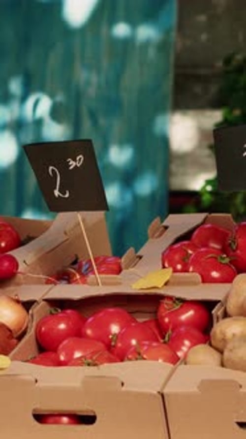Vertical Video Natural Colorful Fresh Fruits and Veggies on Display at Farmers Market