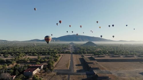 Amazing Shot Of Teotihuacan City of Gods, Aztec Pyramids, Hot Air Balloons Filling Blue Sky, Mexico