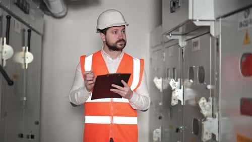 Electrical Engineer Inspects Switchboard in Industrial Building