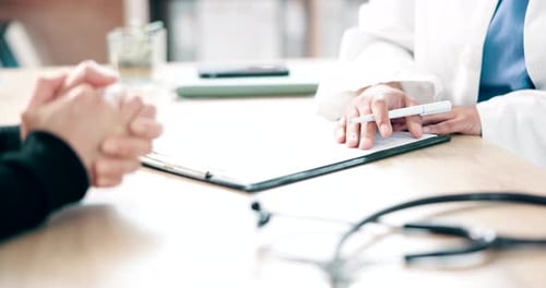 Healthcare, documents and hands of doctor or patient in consultation office for insurance