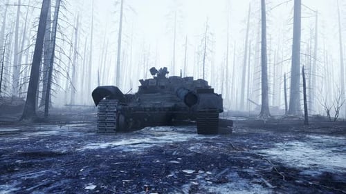 Post-Apocalyptic Tank in Foggy Desolate Forest Animation