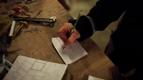Carpenter Hand Drawing Sketch Design In A Workshop. High Angle Shot