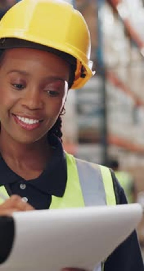 Black woman, contractor and writing with checklist for inventory or stock control in storage