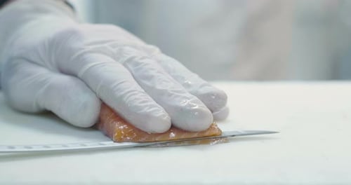 Hand Slicing Fresh Salmon with a Sharp Knife