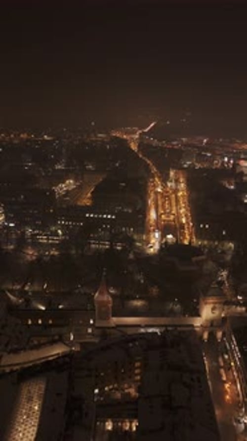 Evening Drone Flight Over Krakow Old Town in Winter