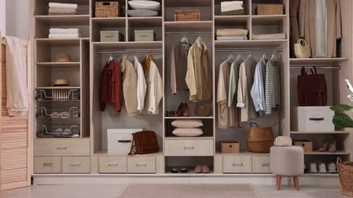 Armoire avec différents vêtements élégants et articles de maison à l'intérieur, zoom avant