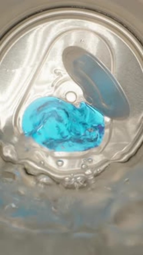 A view from a metal jar, a camera in a jar when water is poured into a glass, super macro. Vertical,