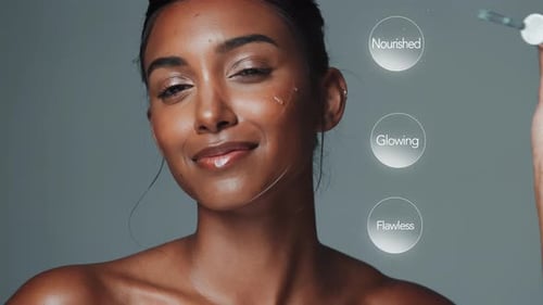 Woman, beauty and pipette for serum in studio with face by holographic bubbles