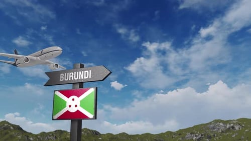 Burundi Flag With Airplane And Arrow Sign