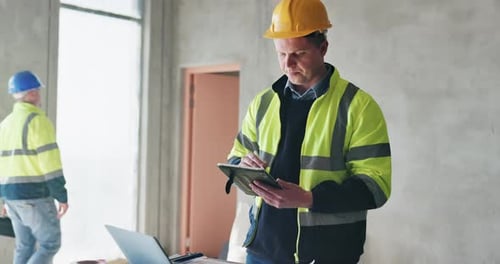 Design, tablet and engineering with man on construction site for project management
