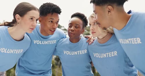 People, volunteer and diversity in huddle at park for charity, discussion