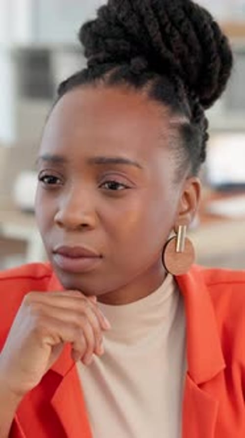 Thinking, business woman and reading in office for article review, approval decision or story angle