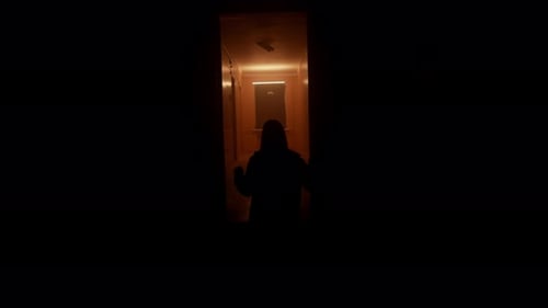 Lone Figure Walking Darkly Lit Hallway at Night