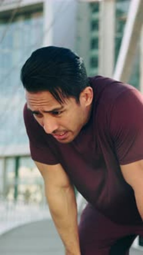 Thinking, man and fitness in city, burnout and athlete with health goal