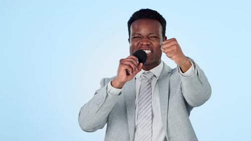 Black man, microphone and sport broadcast with cheers, excited journalist with success