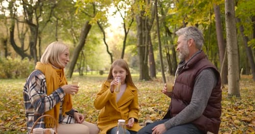 Family Picnic in Autumn Park with Juice