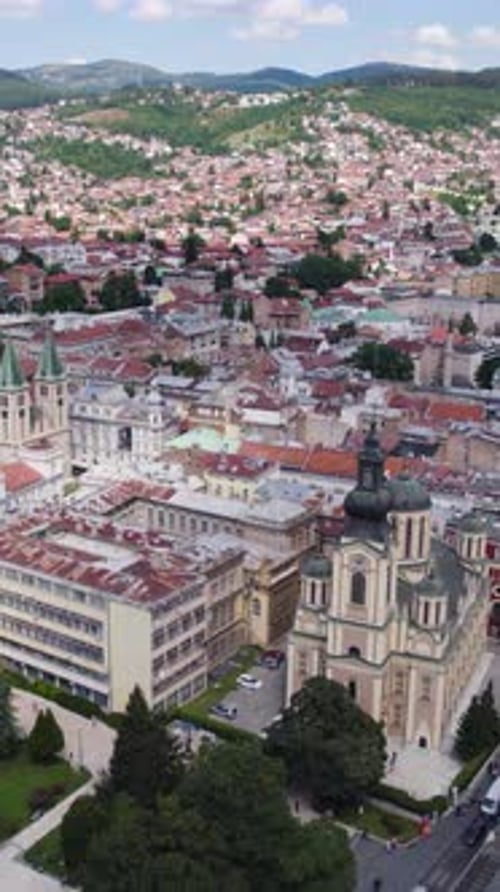 Cathedral Church of the Nativity of the Theotokos in Bosnia and Herzegovina. Aerical, Vertical Video