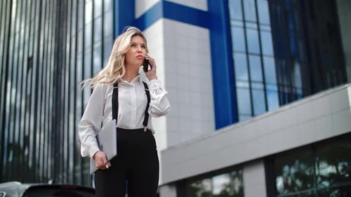 Successful Business Woman Talking Smartphone Discuss Work Deal Outdoor at Office Downtown Street