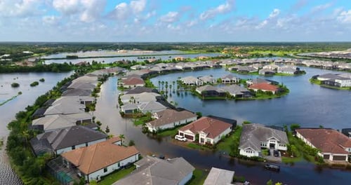 Flooded Suburban Neighborhood Aerial View After Storm