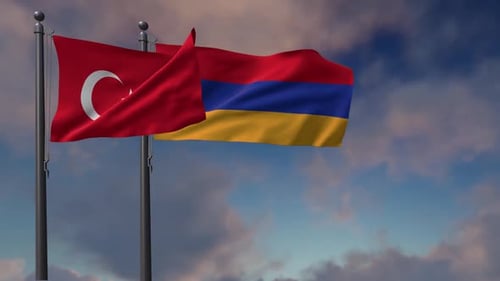 Die Flagge Armeniens weht zusammen mit der Nationalflagge der Türkei 2K
