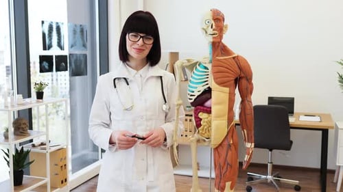 Doctor Standing Beside Anatomical Model in Medical Office