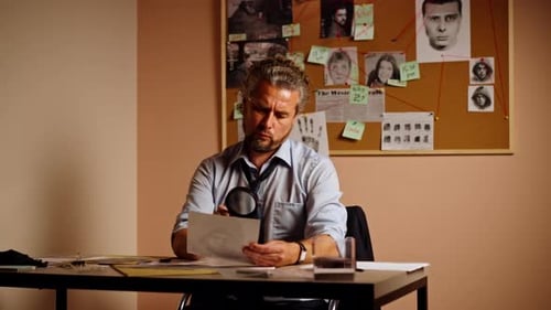 of Detective's Office Middleaged Investigator in Shirt and Tie Sitting at Desk Examining Composite